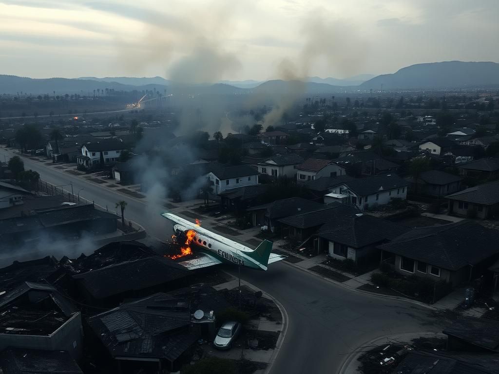 Flick International Aerial view of San Diego plane crash aftermath showing charred homes and debris