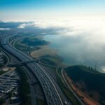 Flick International Aerial view of California showcasing urban and natural landscapes with highways and vehicles