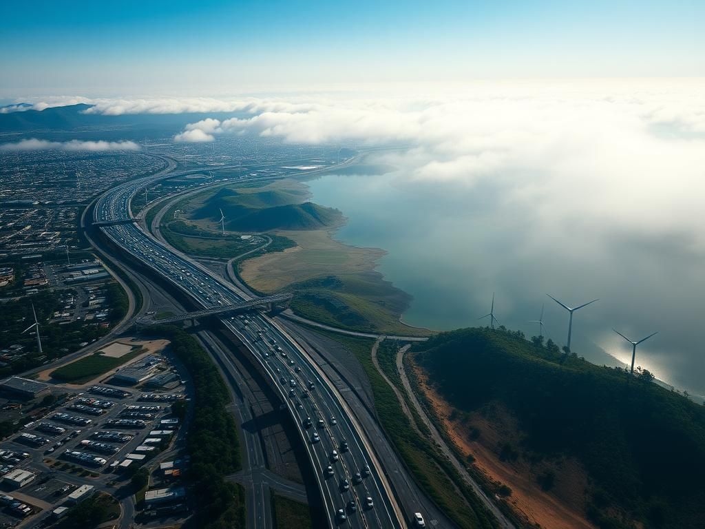 Flick International Aerial view of California showcasing urban and natural landscapes with highways and vehicles