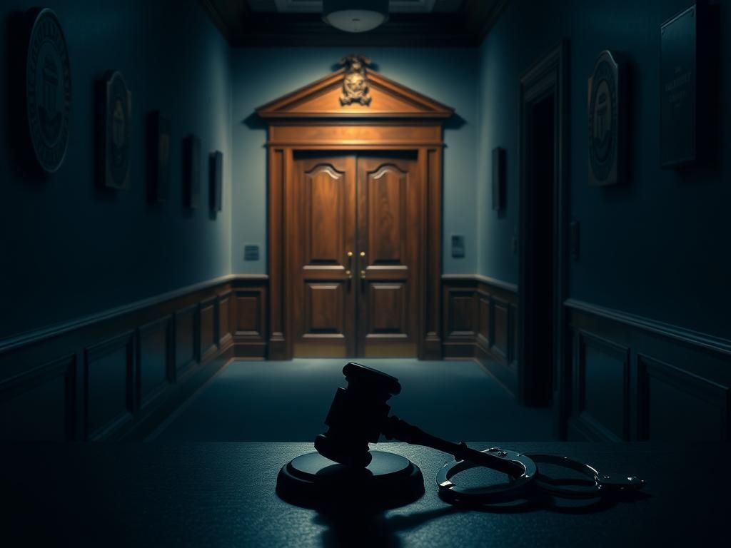 Flick International A dimly lit corridor of the Milwaukee County Courthouse with a gavel and handcuffs symbolizing justice and law enforcement.