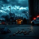 Flick International Exterior view of the Israeli Embassy in Washington, D.C., surrounded by police barricades and evidence markers at dusk.