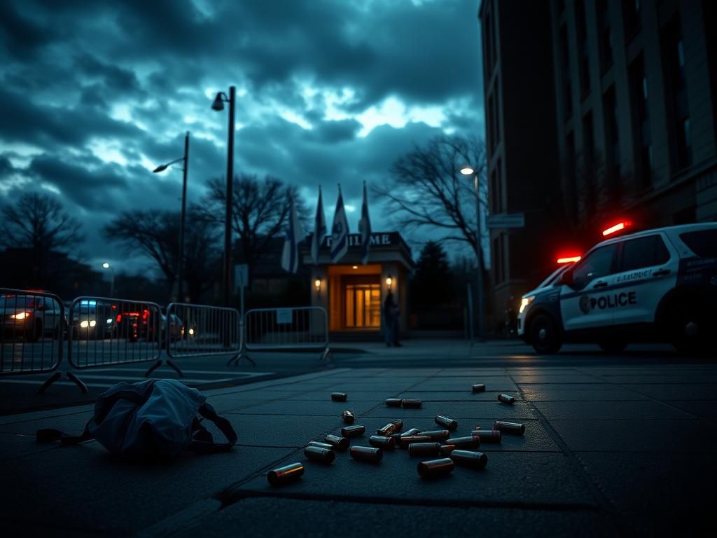 Flick International Exterior view of the Israeli Embassy in Washington, D.C., surrounded by police barricades and evidence markers at dusk.