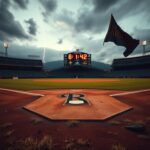 Flick International A dramatic baseball stadium scene at dusk showing an empty Colorado Rockies field with weathered bases and a home plate.