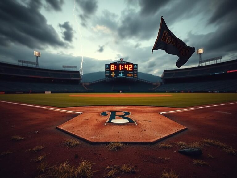 Flick International A dramatic baseball stadium scene at dusk showing an empty Colorado Rockies field with weathered bases and a home plate.
