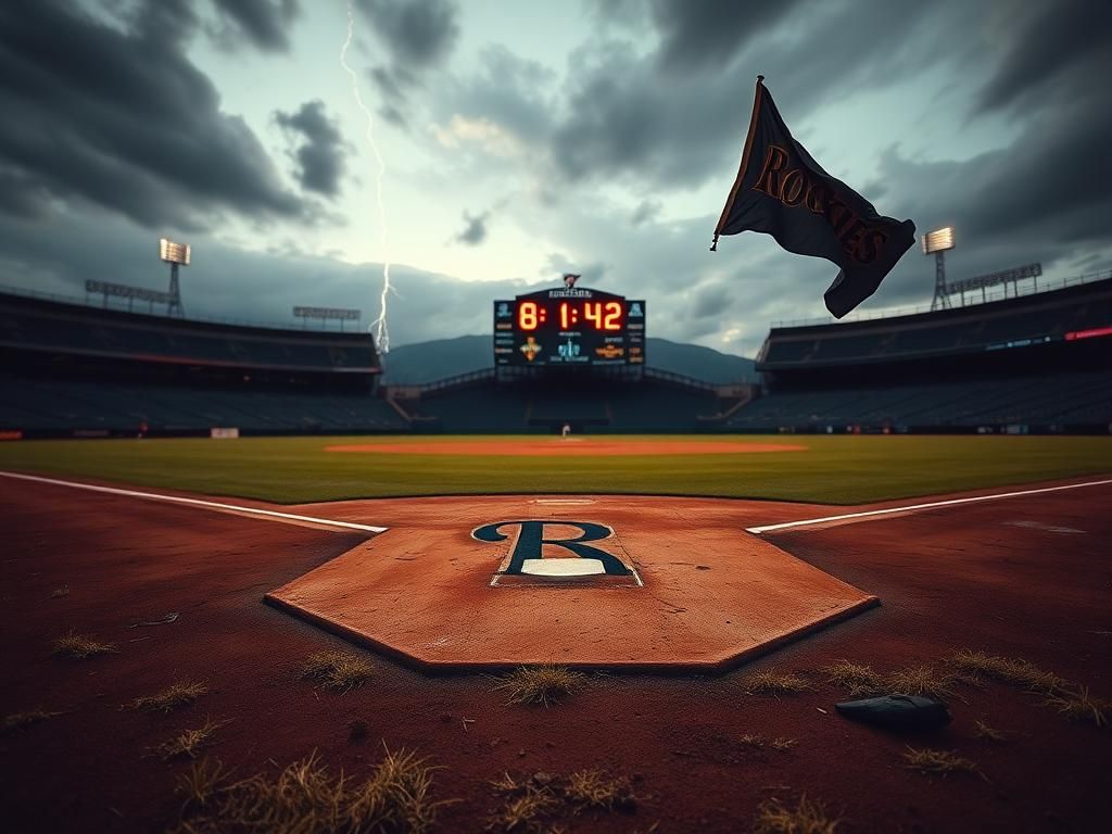 Flick International A dramatic baseball stadium scene at dusk showing an empty Colorado Rockies field with weathered bases and a home plate.