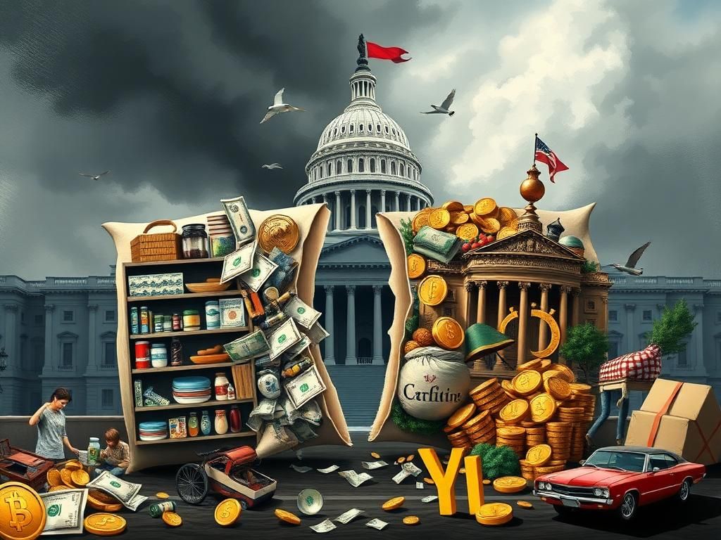 Flick International A budget bill torn apart, symbolizing economic disparity with one side depicting struggling families and the other side showcasing wealth.