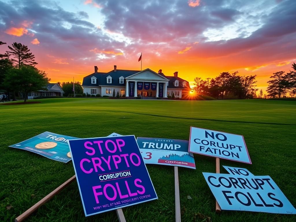 Flick International Luxurious golf course in Northern Virginia during sunset with protest signs on the ground