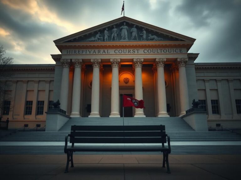 Flick International Dramatic facade of a federal courthouse in Boston with a stark empty bench in front