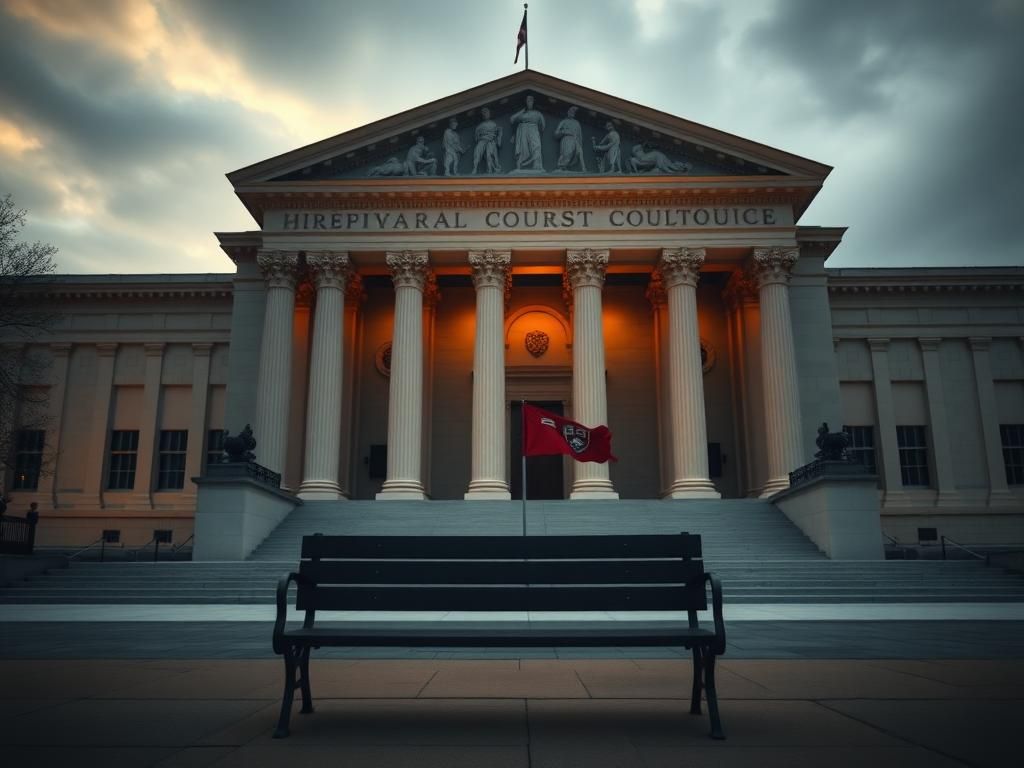 Flick International Dramatic facade of a federal courthouse in Boston with a stark empty bench in front