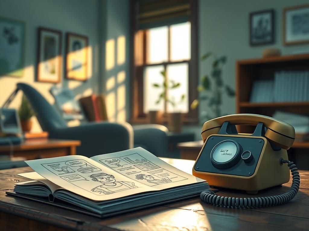 Flick International Serene office space with a desk, sketchbook, and vintage phone representing Scott Adams' creative work and unexpected communication.
