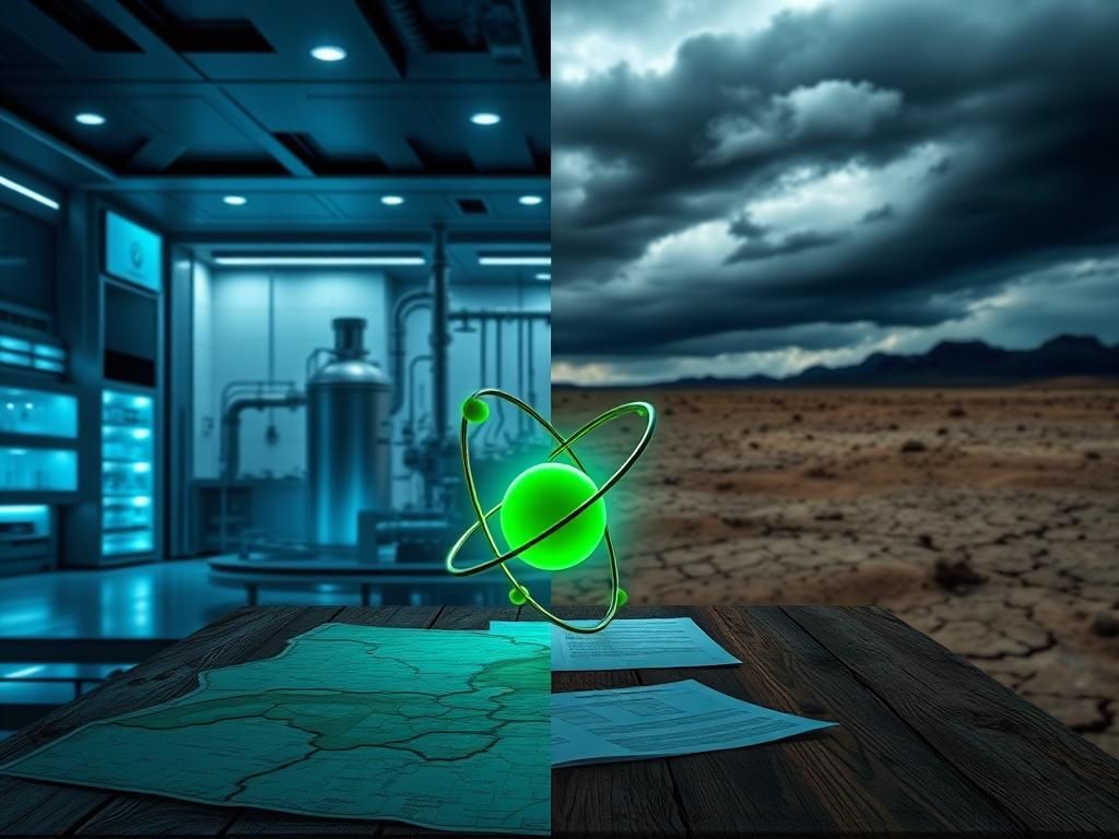 Flick International A modern uranium enrichment laboratory contrasted with a desolate landscape symbolizing conflict