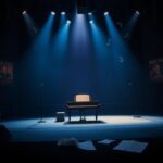 Flick International Dimly lit concert stage with grand piano, empty chairs, and microphones