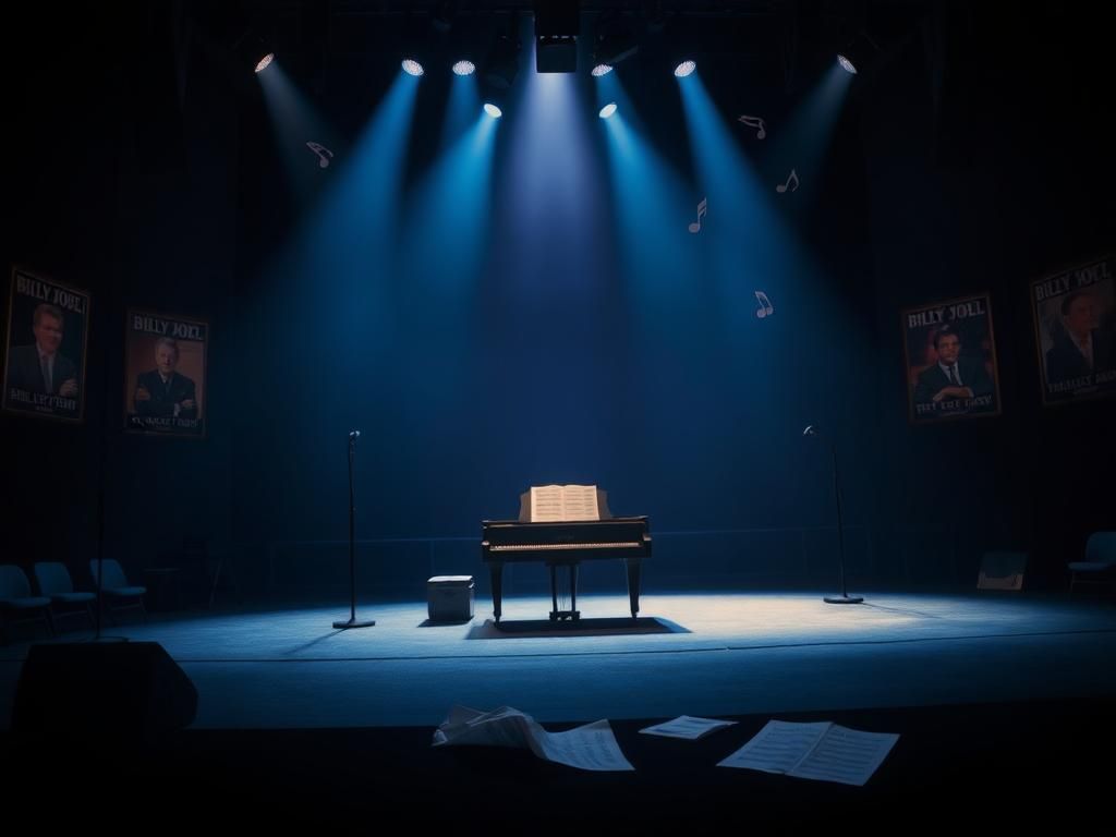 Flick International Dimly lit concert stage with grand piano, empty chairs, and microphones