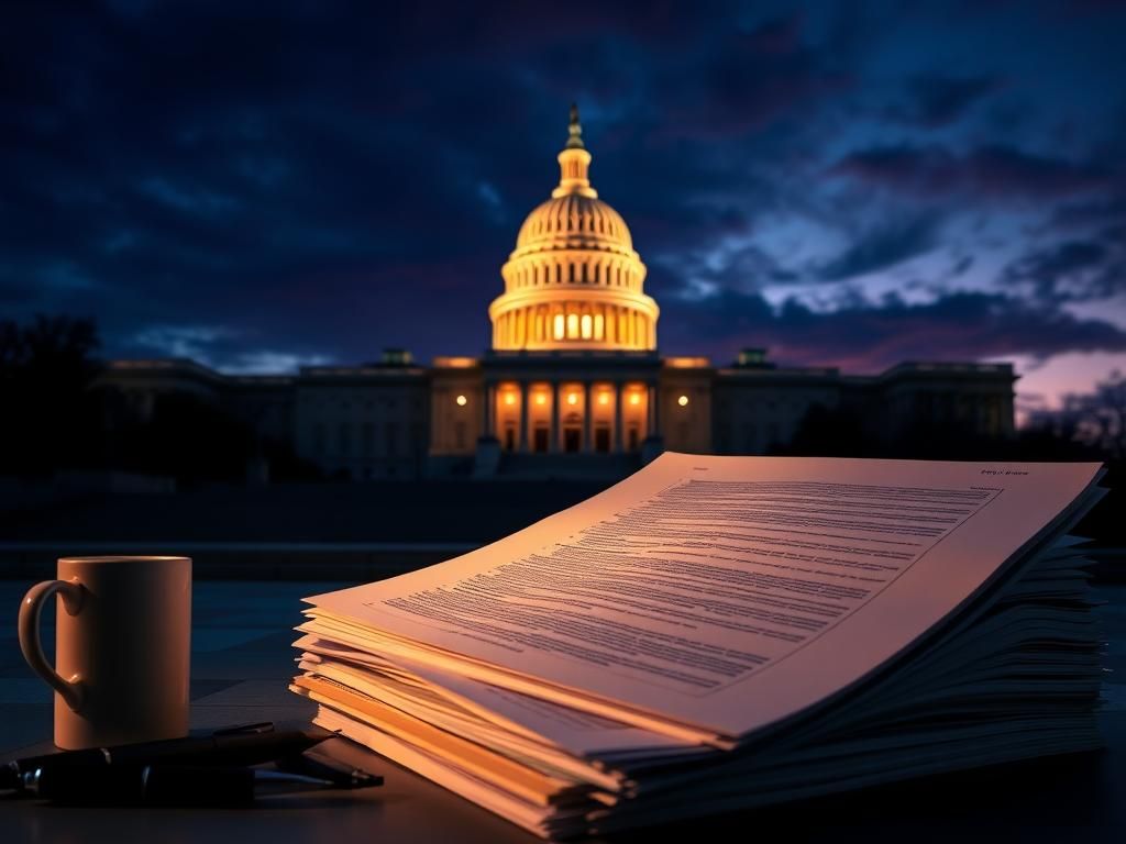 Flick International Early morning view of the U.S. Capitol with legislative paperwork in the foreground