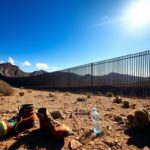Flick International A sweeping view of the U.S.-Mexico border wall in Yuma, Arizona, showcasing its massive structure under a bright blue sky.
