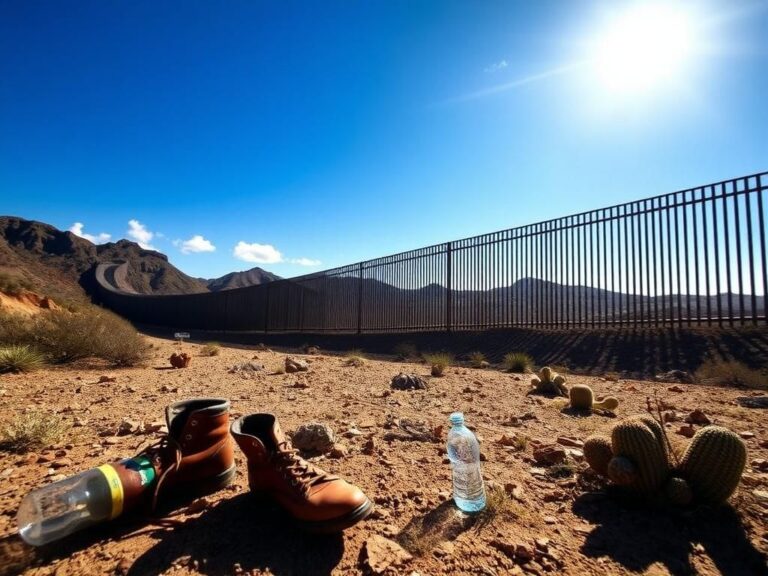 Flick International A sweeping view of the U.S.-Mexico border wall in Yuma, Arizona, showcasing its massive structure under a bright blue sky.