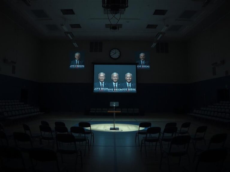 Flick International Dimly lit high school gymnasium with scattered chairs and a microphone stand at the center, symbolizing an abandoned campaign event.
