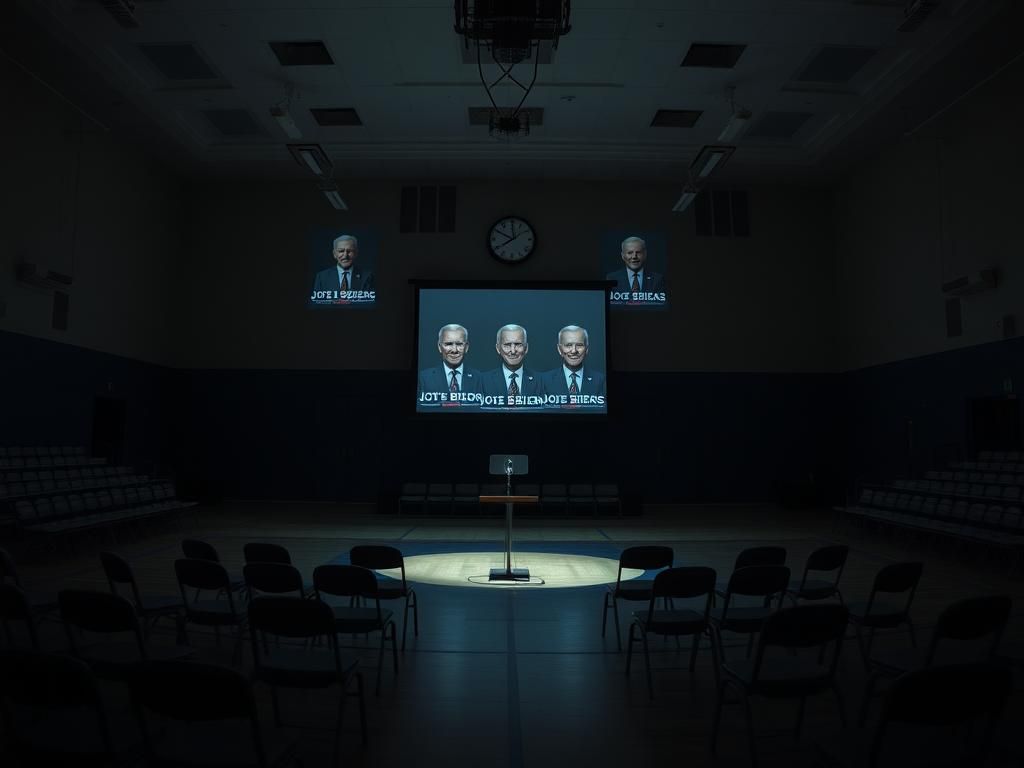 Flick International Dimly lit high school gymnasium with scattered chairs and a microphone stand at the center, symbolizing an abandoned campaign event.