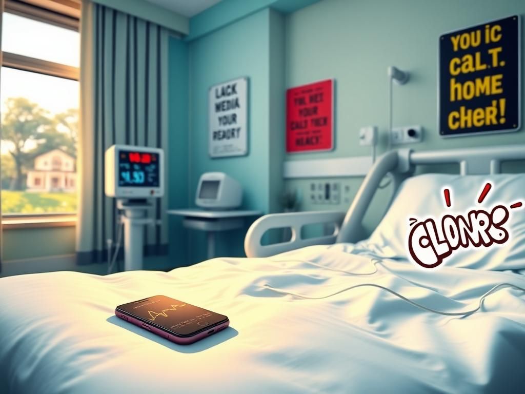 Flick International A dynamic hospital room scene featuring a modern medical monitor and a smartphone displaying social media notifications