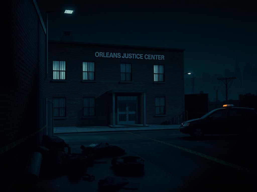 Flick International Nighttime view of the Orleans Justice Center with illuminated barred windows and a deserted alleyway.