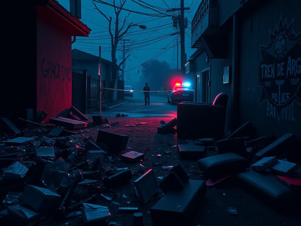Flick International Aftermath of a Chicago mass shooting with scattered debris and graffiti