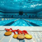Flick International Underwater view of a vibrant swimming pool with gold medals on the edge