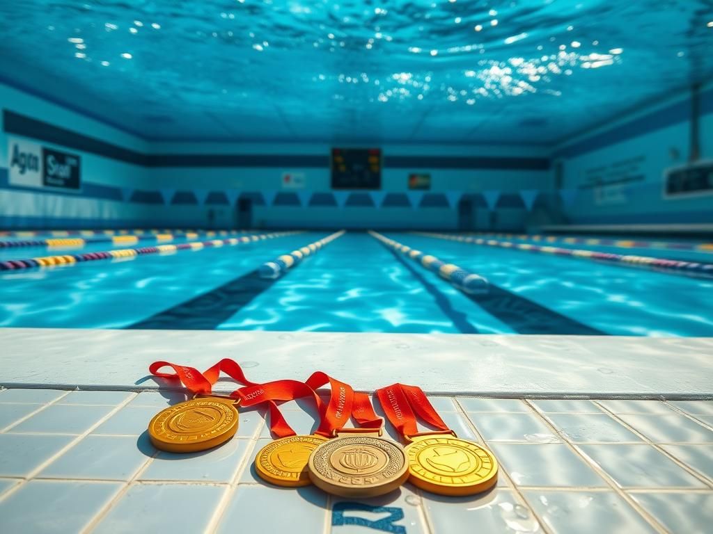 Flick International Underwater view of a vibrant swimming pool with gold medals on the edge
