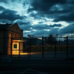 Flick International Somber urban scene showcasing a Jewish institution with heightened security measures at dusk