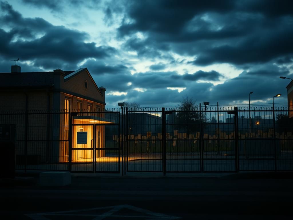Flick International Somber urban scene showcasing a Jewish institution with heightened security measures at dusk