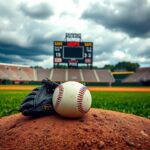 Flick International A pristine baseball glove and well-used baseball on the pitcher's mound under a dramatic, cloudy sky