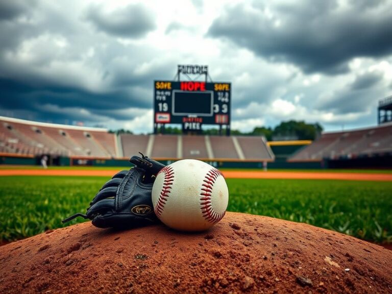 Flick International A pristine baseball glove and well-used baseball on the pitcher's mound under a dramatic, cloudy sky
