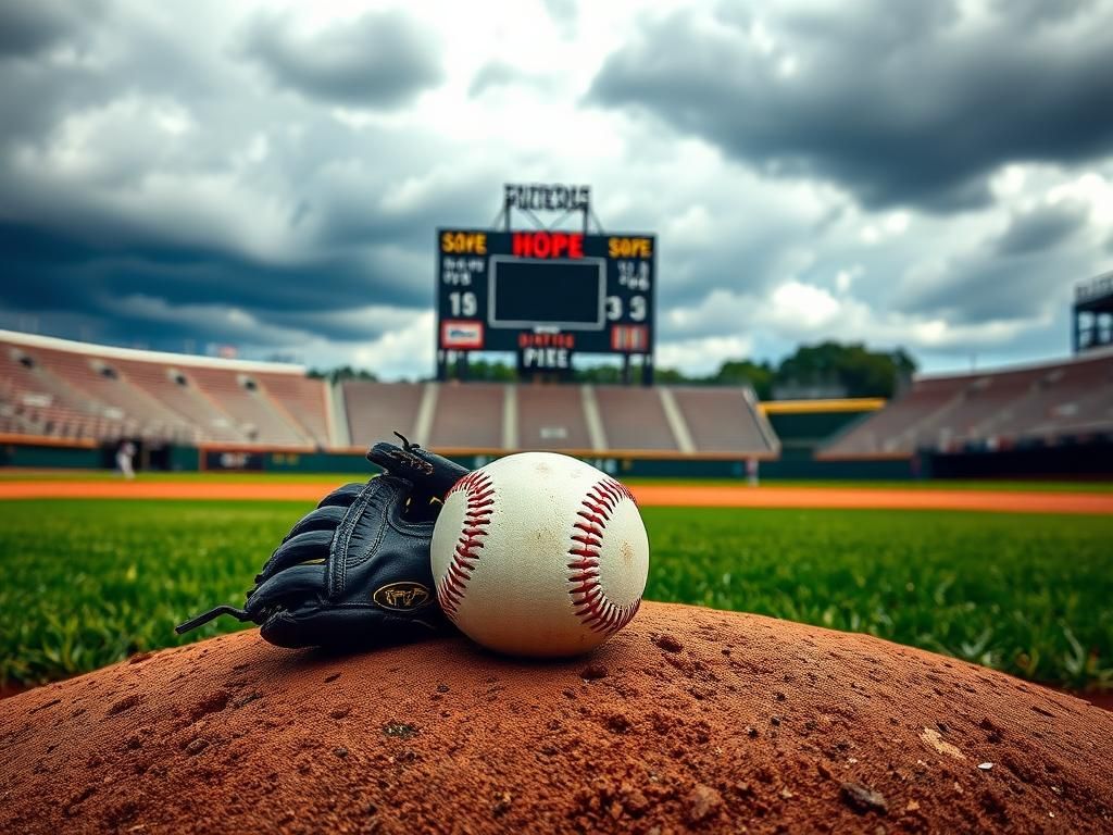 Flick International A pristine baseball glove and well-used baseball on the pitcher's mound under a dramatic, cloudy sky