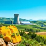 Flick International Modern nuclear power plant with solar panels and stylized uranium ore