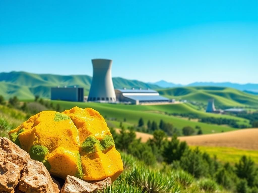 Flick International Modern nuclear power plant with solar panels and stylized uranium ore