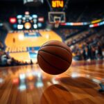 Flick International Dramatic overhead view of a WNBA basketball court during a competitive nighttime game