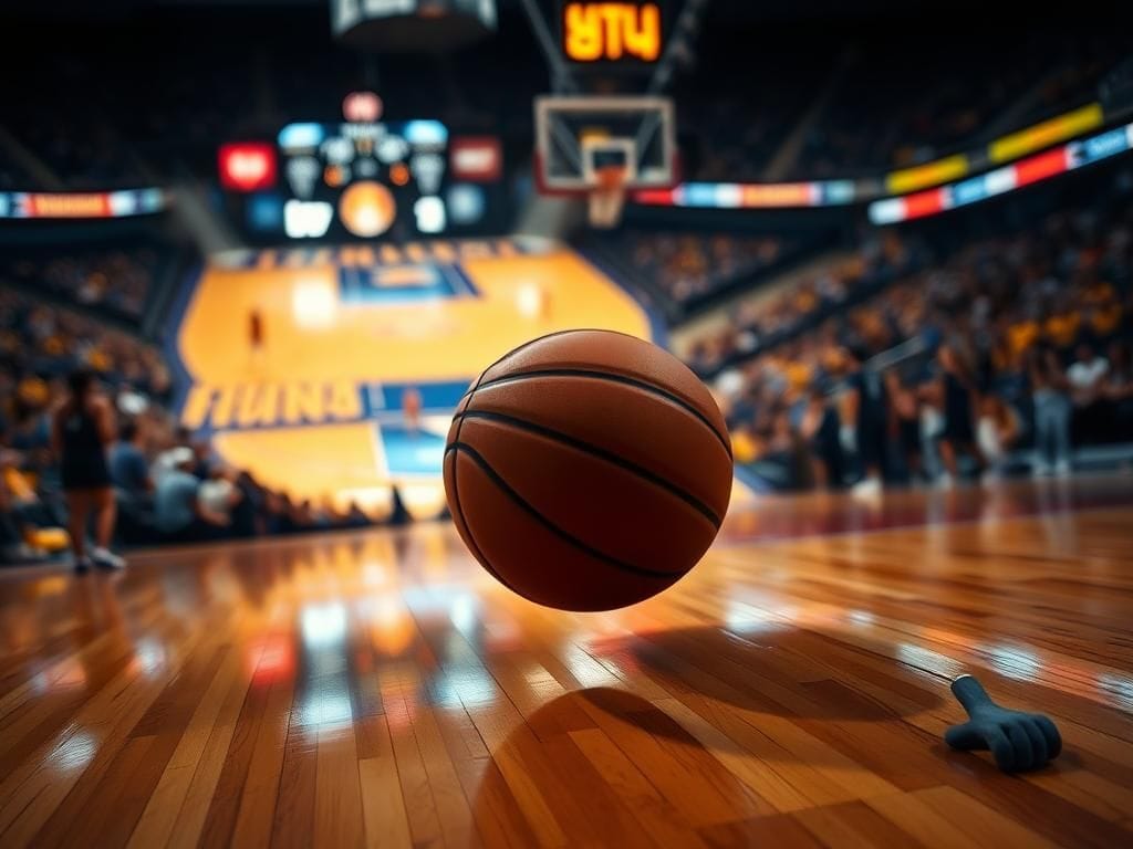 Flick International Dramatic overhead view of a WNBA basketball court during a competitive nighttime game