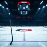 Flick International Empty hockey rink with Carolina Hurricanes logo and a solitary hockey stick