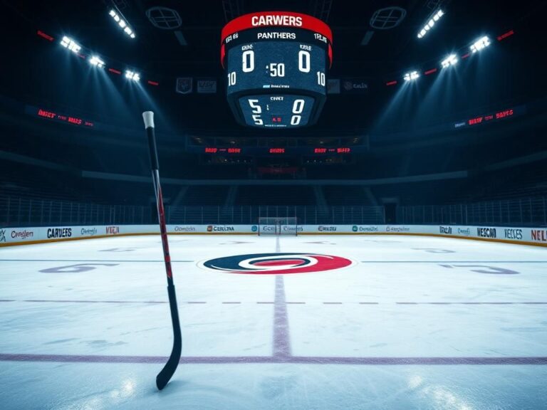 Flick International Empty hockey rink with Carolina Hurricanes logo and a solitary hockey stick
