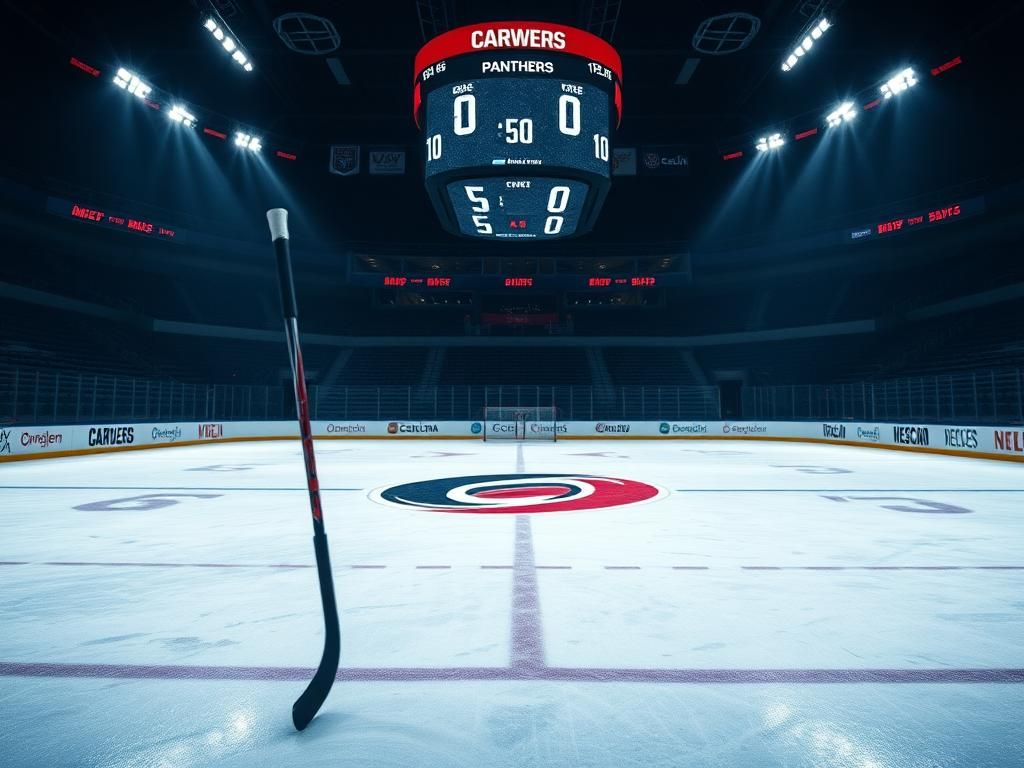 Flick International Empty hockey rink with Carolina Hurricanes logo and a solitary hockey stick