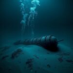 Flick International Dark underwater scene showcasing the wreckage of the Titan submersible on the ocean floor
