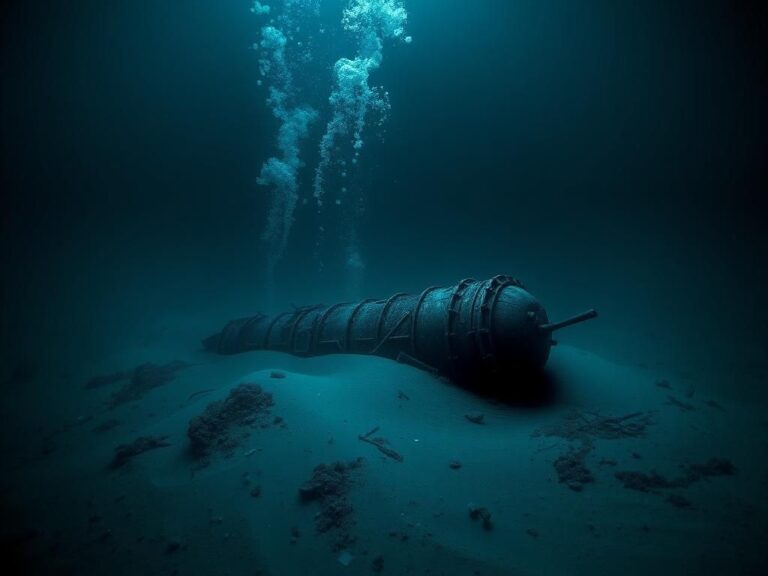 Flick International Dark underwater scene showcasing the wreckage of the Titan submersible on the ocean floor