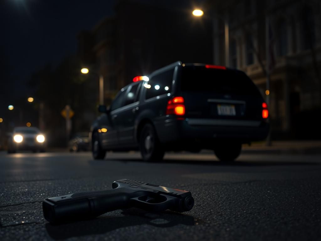 Flick International Dark nighttime street scene in Washington, D.C. with unmarked vehicle and shadowy figure.