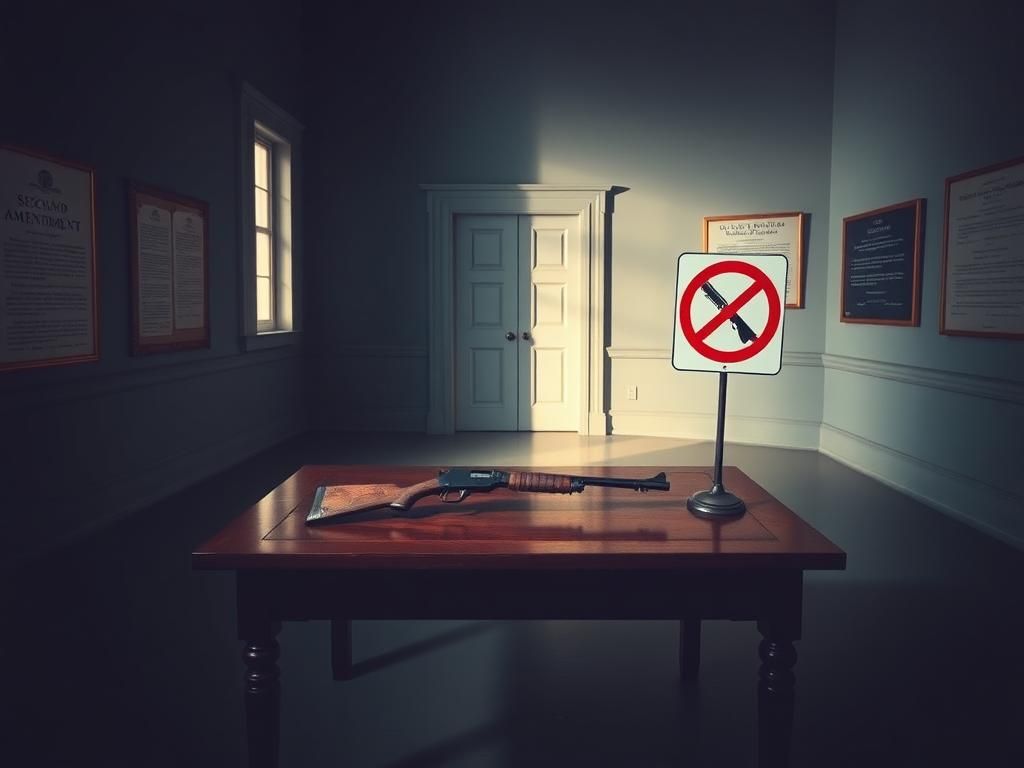Flick International A somber indoor scene depicting a stark room with a wooden table, an old firearm, and a modern no guns sign.