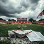 Flick International Close-up view of a weathered football field with stacks of cash and contracts symbolizing NIL deals in college sports
