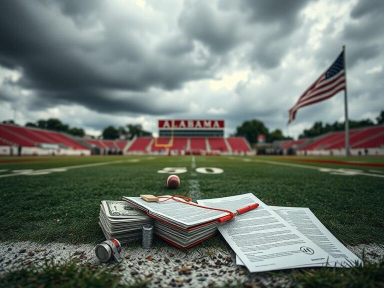 Flick International Close-up view of a weathered football field with stacks of cash and contracts symbolizing NIL deals in college sports