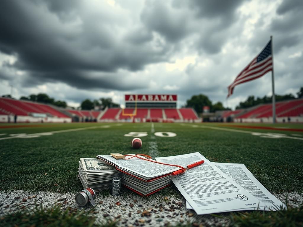 Flick International Close-up view of a weathered football field with stacks of cash and contracts symbolizing NIL deals in college sports