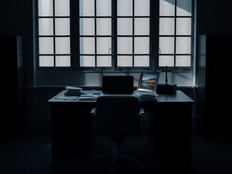 Flick International A somber office environment depicting an empty chair and scattered paperwork, symbolizing conflict between personal beliefs and workplace expectations