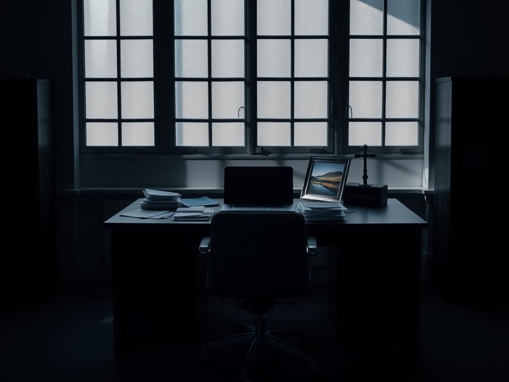 Flick International A somber office environment depicting an empty chair and scattered paperwork, symbolizing conflict between personal beliefs and workplace expectations