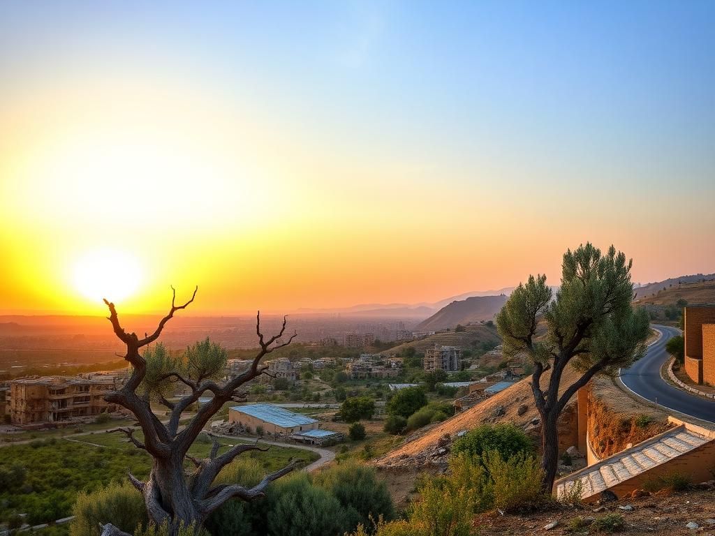 Flick International A weathered olive tree in a resilient Syrian landscape under a dawn sky