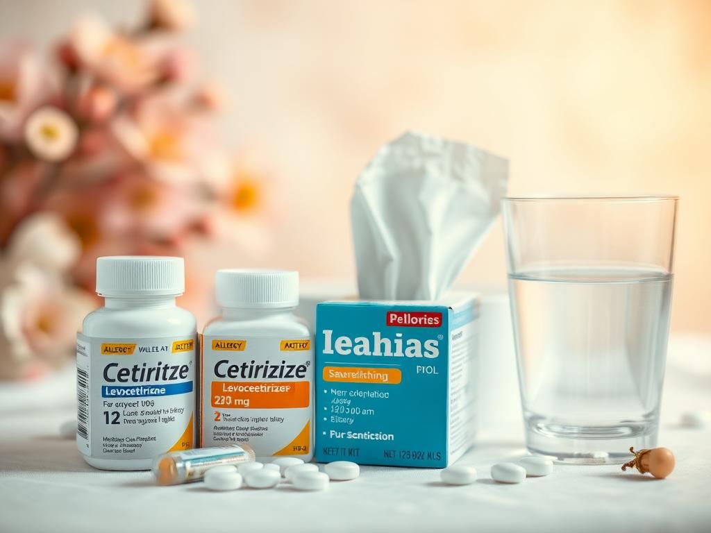 Flick International Close-up of allergy medication packaging including cetirizine and levocetirizine, with a used tissue box and empty glass of water.